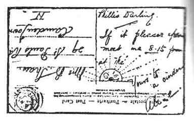 The Rising Sun postcard with message to Phillis and sun drawing